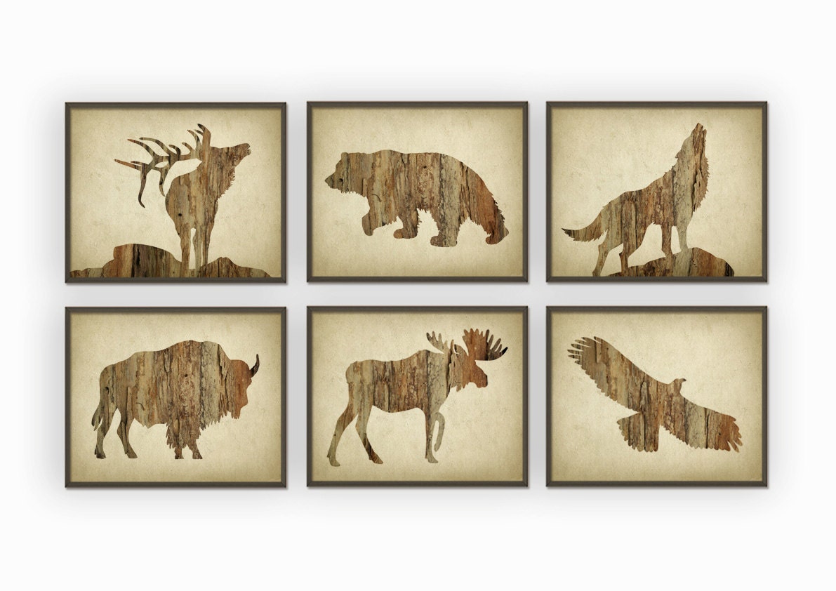 Hunting Wall Art Print Set of 6 Deer Buffalo Bear Eagle Wolf