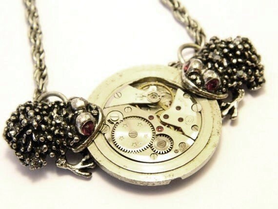 Steampunk jewelry necklace "In a dispute for the time", two old silver colored frogs, big old clockwork, handmade decorated, free shipping by EmilySteampunk steampunk buy now online