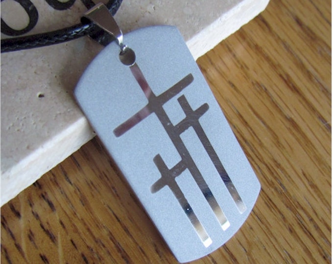 Silver Calvary Three 3 Cross DogTag Necklace Pendant Stainless Steel Christian Jewelry - Saint Michaels Jewelry - Calvary Three Cross