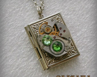 Steampunk Book pendant / locket / necklace with Swarovski crystals , Steampunk jewelry
