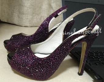 Women Pumps High/low Heels Dark Purple Crystal Rhinestone Prom