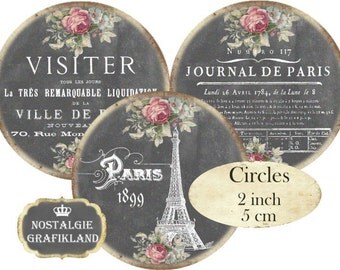 Chalkboard French Paris 2 inch Circles digital Eiffel Tower Instant Download collage sheet C186