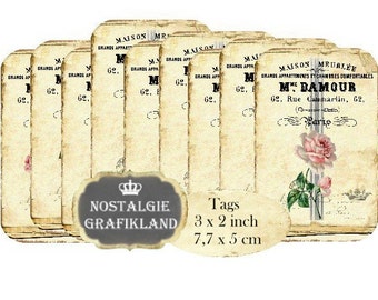 French Maison Roses Instant Download digital collage sheet digital Tags Grainsack Flowers strips T174