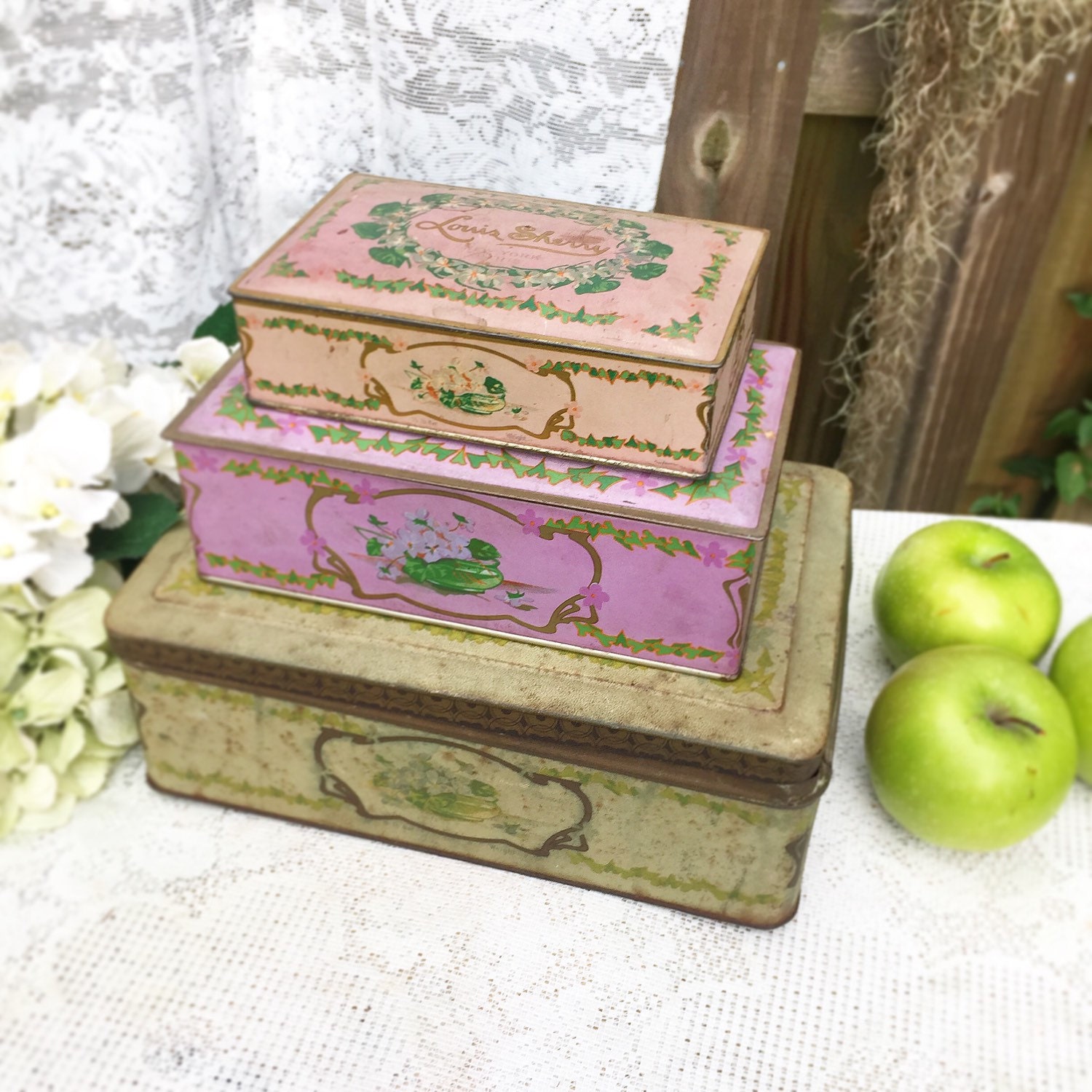 3 Antique decorative Tin LOUIS SHERRY Boxes Lilac Pink