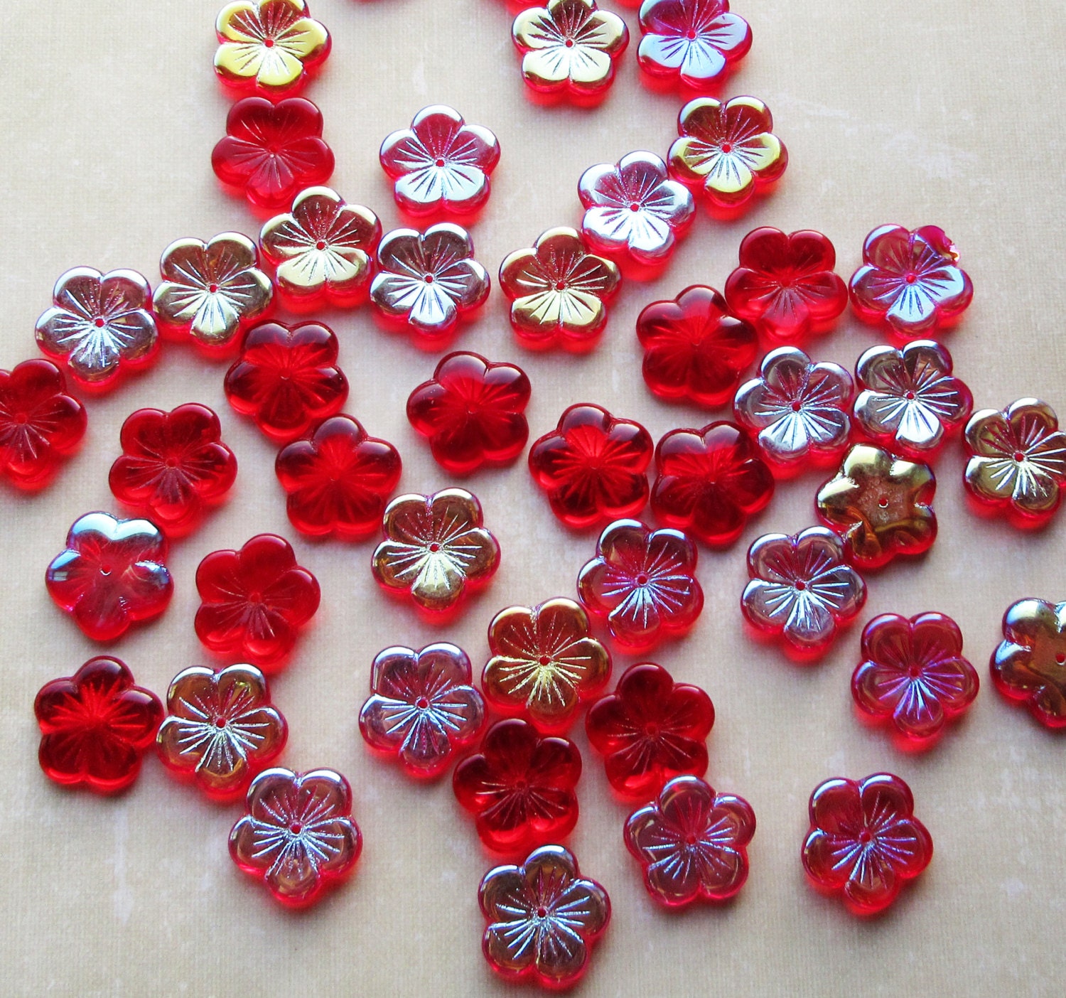 Large 20mm Czech Pressed Glass Beads Flowers Siam Red Ab Ab 3748