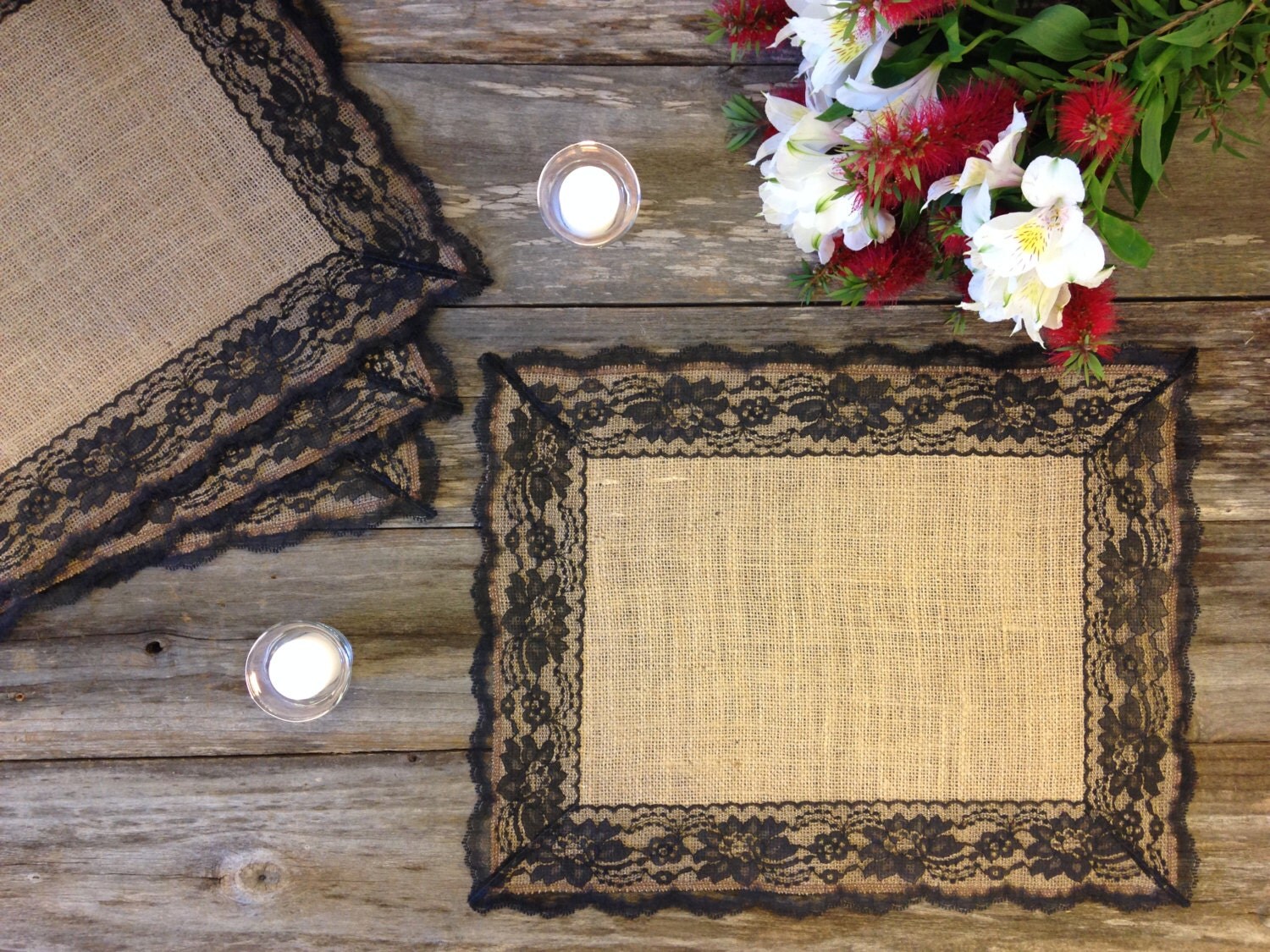 Rustic Placemats Burlap and BLACK Lace Wedding Placemat