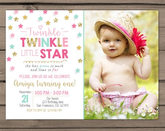Twinkle Twinkle Little Star Birthday Invitation First birthday Girl birthday Blush pink gold mint teal photo Digital PRINTABLE ANY AGE