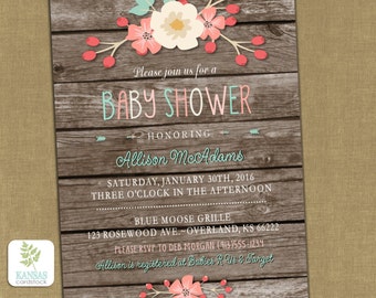 Baby Shower Invitation Girl Baby Shower Barnwood Vintage Shabby Floral Coral Aqua Pink