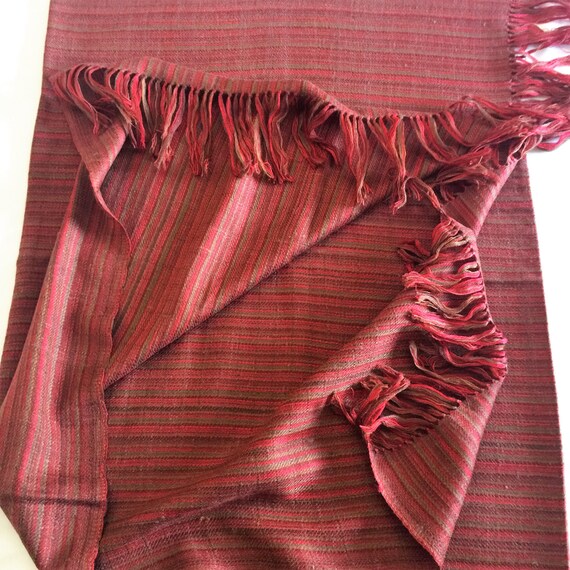 Pure Sheep lambswool scarf stole shawl wrap woven in red. Striped weave in green and brown all over