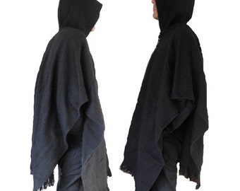 Dark Poncho mens alpaca wool jumper hoodie warm winter sweater jacket boho hippie handmade fair trade black