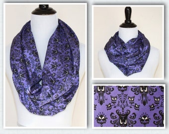 Haunted Mansion, Creepy Wallpaper Infinity Scarf for Gals in Purple and black, Extra Long
