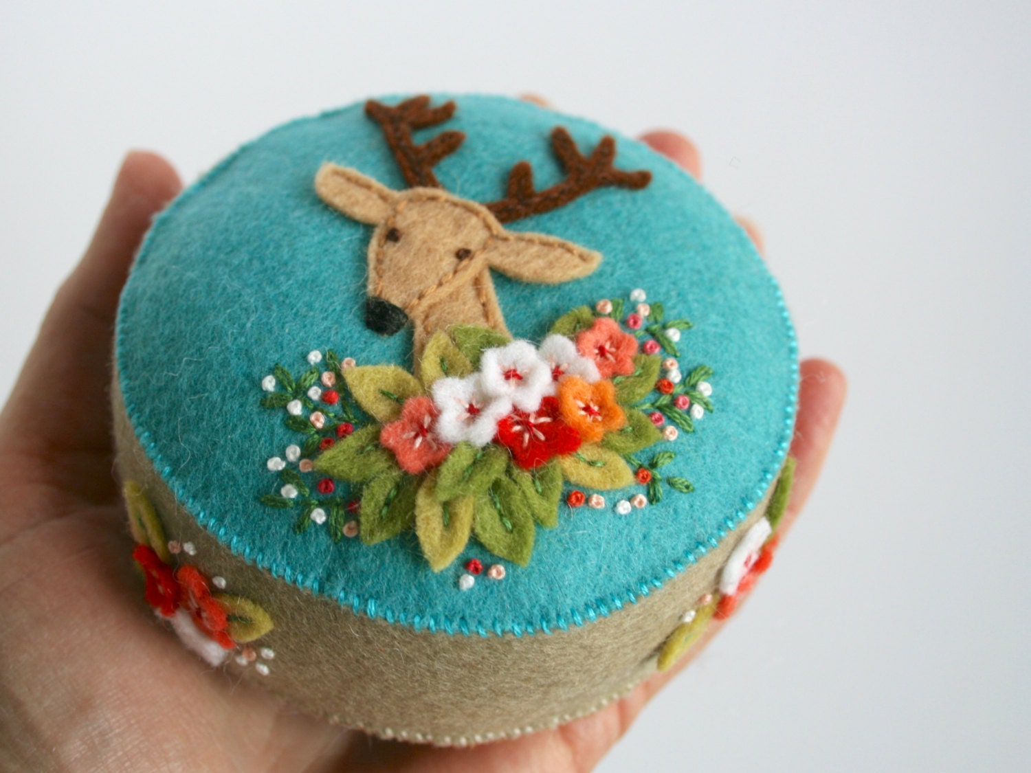 wool felt deer and flowers pincushion hand embroidered