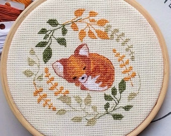 Cross stitch pattern PDF - embroidery, sleepy fox, woodland animal, autumn design, fall colors, needlework pattern, leaf, burnt orange