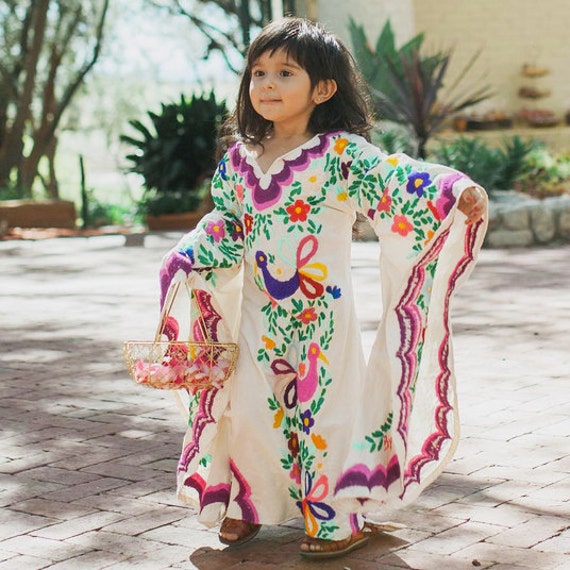 Bohemian Flower Girl Dress-PINK Mexican Embroidered Wedding