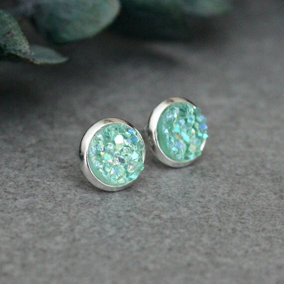 Mint Stud Earrings Mint Druzy Earring Mint Green Earrings