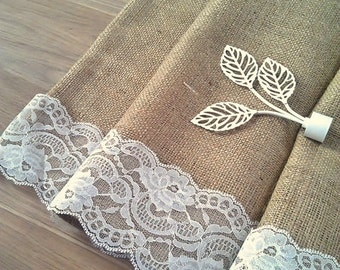 Burlap Curtain - Cafe Curtain - Rustic Burlap Cafe Curtain with lace trim - Burlap Valance - Burlap Kitchen Drape - Burlap Drape 53" x 24"