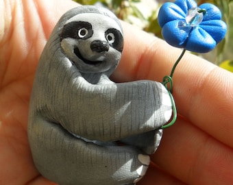 Have a Nice Day Sloth- Sloth with Flower- Polymer Clay Sloth Figurine- Sloth Cake Topper