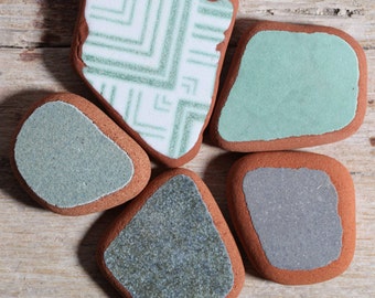 Green Sea Pottery / 5 pieces / Italian Genuine Sea Tiles for Collection, Jewelry and Mosaic (sp-0005-1)