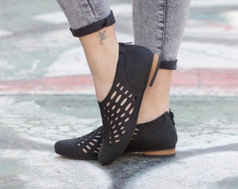 Leather Shoes, Leather Sandals, Leather Flats, Summer Shoes, Oxfords, Cutout, Black, Free Shipping