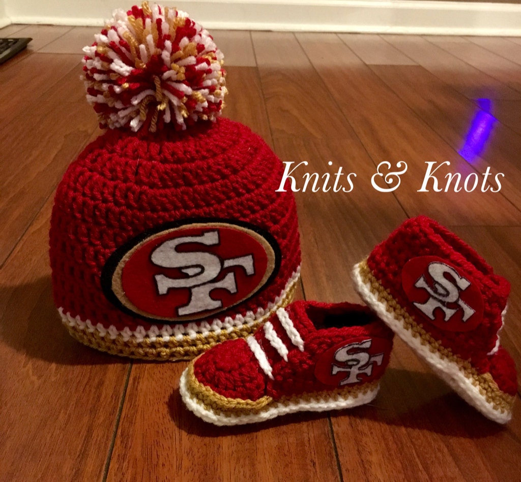 Crochet san francisco 49ers hat booties by KnotsandKnitsByTina