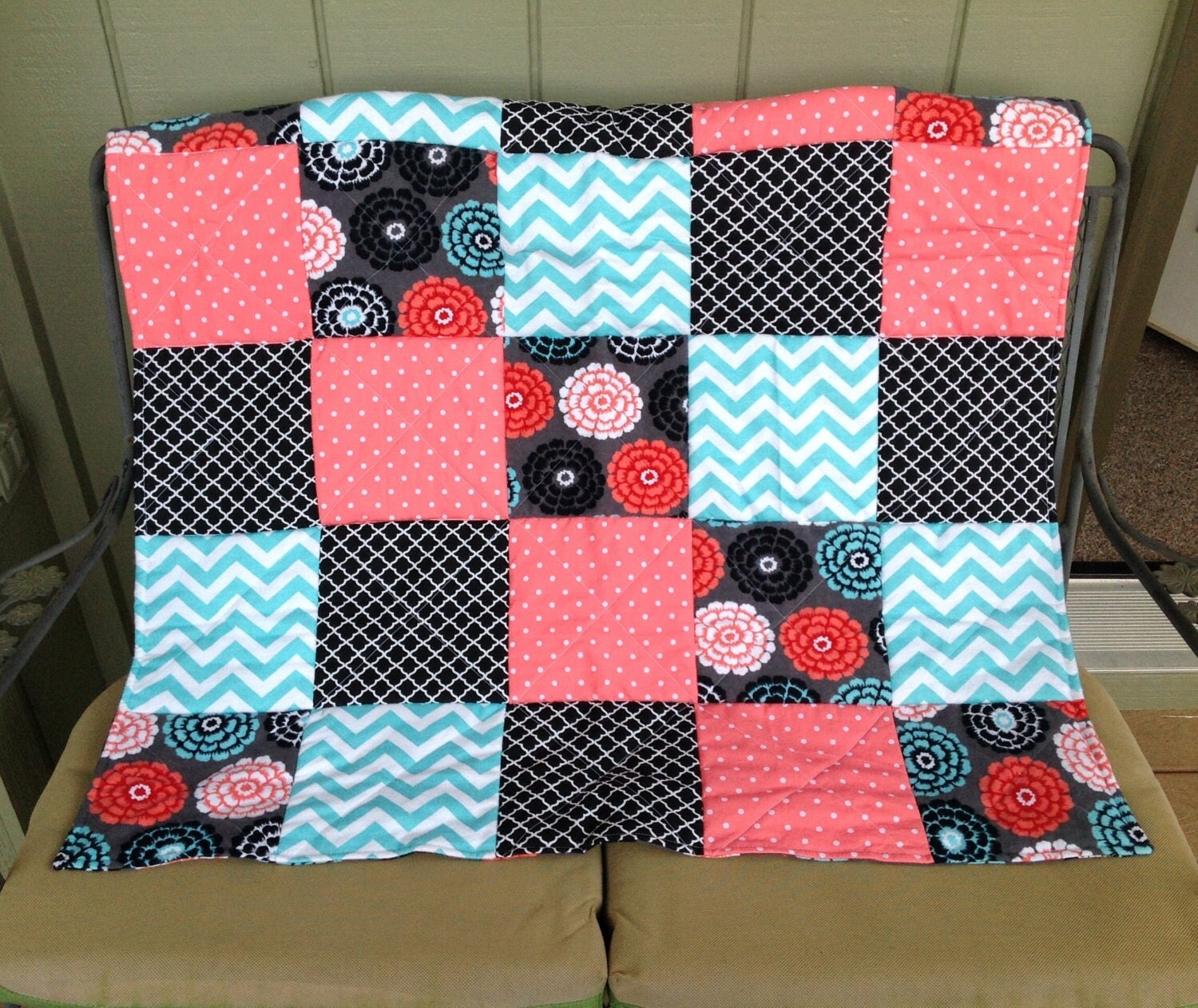 Baby girl quilt turquoise coral black crib quilt chevron
