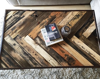 Gorgeous Herringbone Reclaimed wood Livingroom coffee table w/ hairpin legs Mid century Modern Rustic