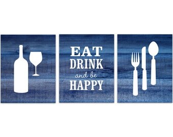 Blue Kitchen Decor, Rustic Kitchen Art, Eat Drink Quote, Fork Spoon Wall Decor, Wine Glass Art, Kitchen CANVAS Wall Art - HOME152