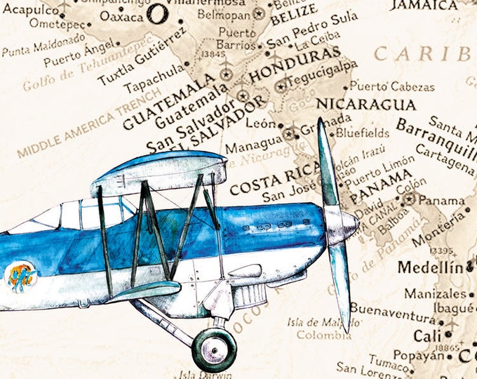Vintage airplane Map decor Mexico Venezuela map prints Vintage aircraft Watercolor Boys art Aviation art Baby boy nursery wall art