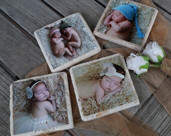 8 Personalized Photo Coasters. Travertine Stone Coasters with Cork Backing. Photo Tiles. Great Gift Idea.