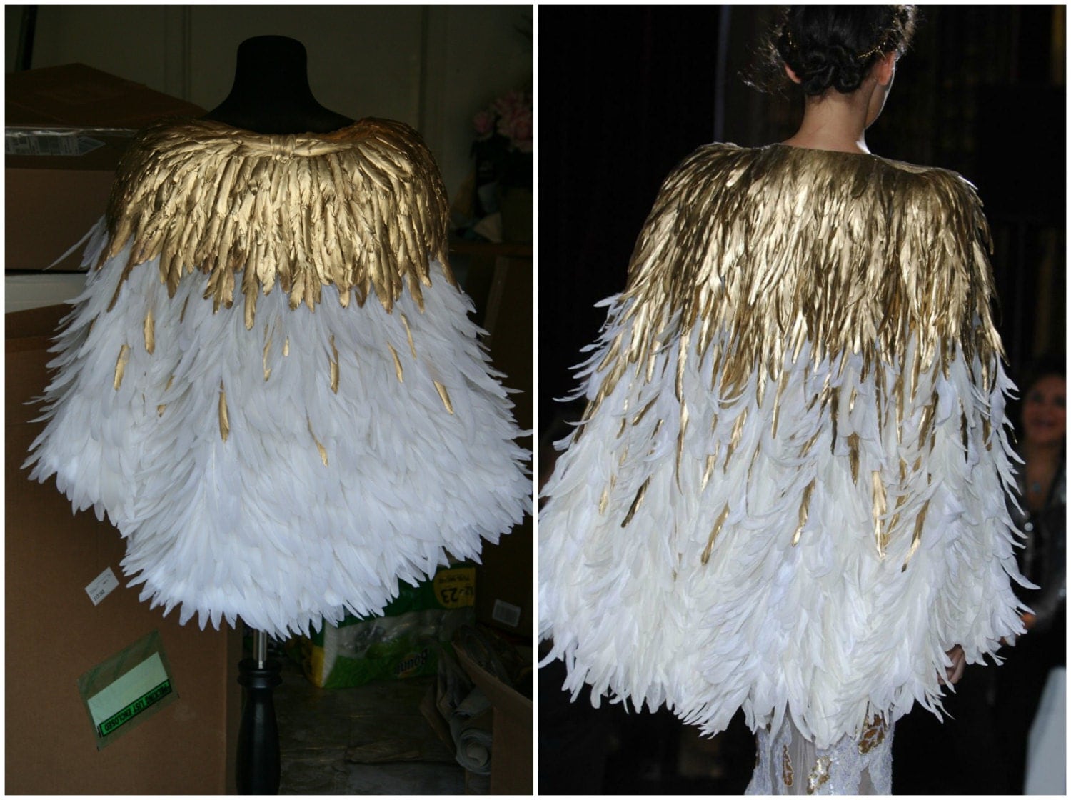 Zuhair Murad Inspired Fashion Glamour Gold White Feather Cape