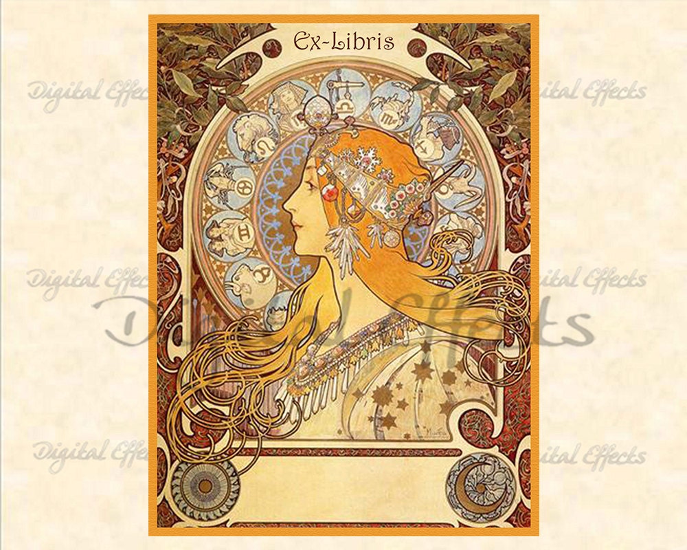 VINTAGE BOOKPLATE Zodiac Art Nouveau Alphonse Mucha ExLibris