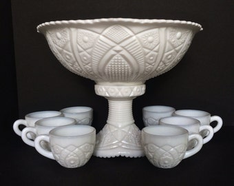 White Punch Bowl Set. Vintage 1950s Milk Glass by McKee. Concord Pattern