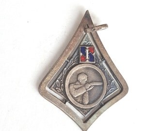 French Hunting Medal~Vintage Medal~Retro Pendant~Brevet du Tireur Scolaire~Red Blue Enamel/Silver Alloy~Shooting Competition~JewelsandMetals