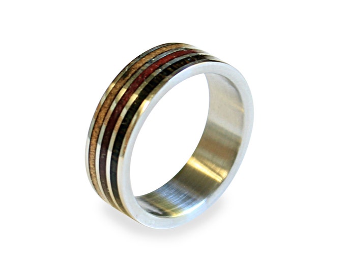 Titanium ring with three types of wood inlay