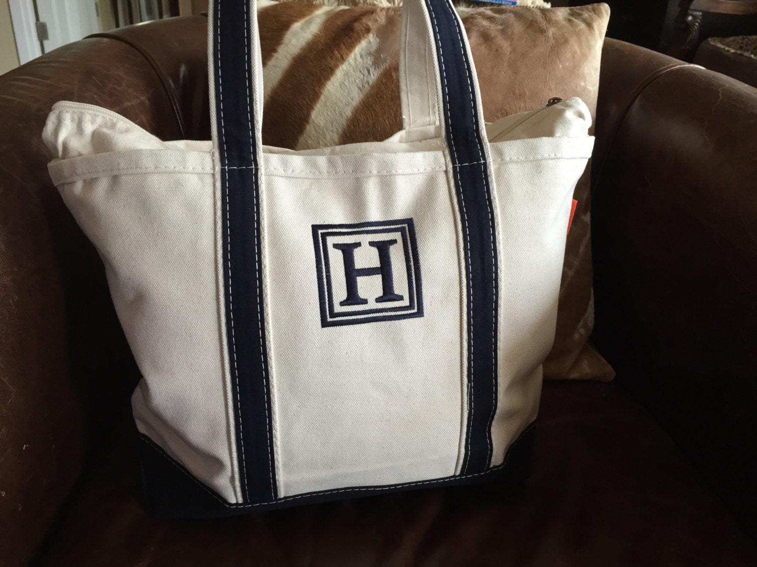 Zipper top Personalized canvas tote bag monogrammed canvas