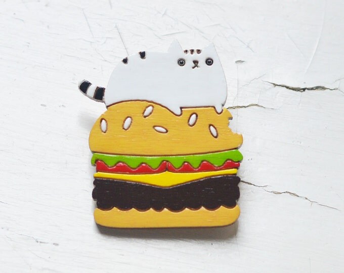 Hotshot Cat and a Big Mac // Wooden brooch is covered with ECO paint // Laser Cut // 2016 Best Trends // Fresh Gifts // Swag Style // ECO //