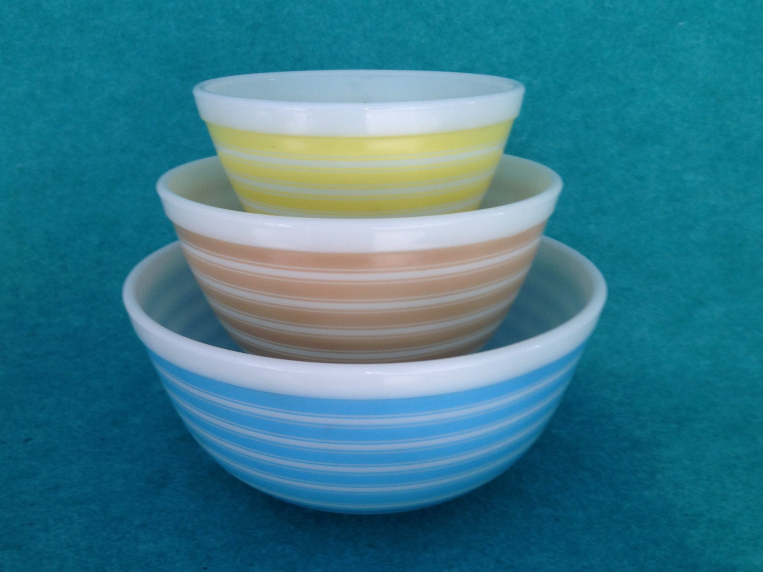 Pyrex Glass Mixing Bowl 3 Piece Set Round Banded Rings Stripes