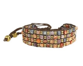 Mosaic bead cord bracelet multi bead bracelet brown cord macrame sliding knot bracelet chunky jewelry square bead boho bracelet