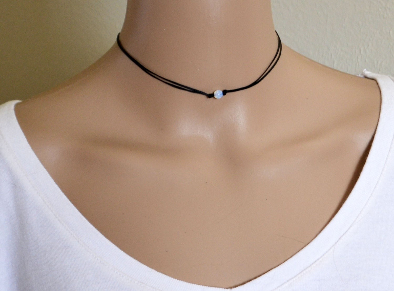 Black Cord Choker Moonstone Choker Necklace Beaded by LayeredLong
