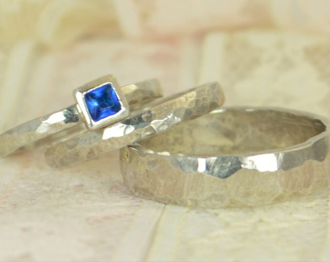 Square Blue Zircon Engagement Ring, 14k White Gold, Blue Zircon Wedding Ring Set, Rustic Wedding Ring Set, December Birthstone, Solid Gold