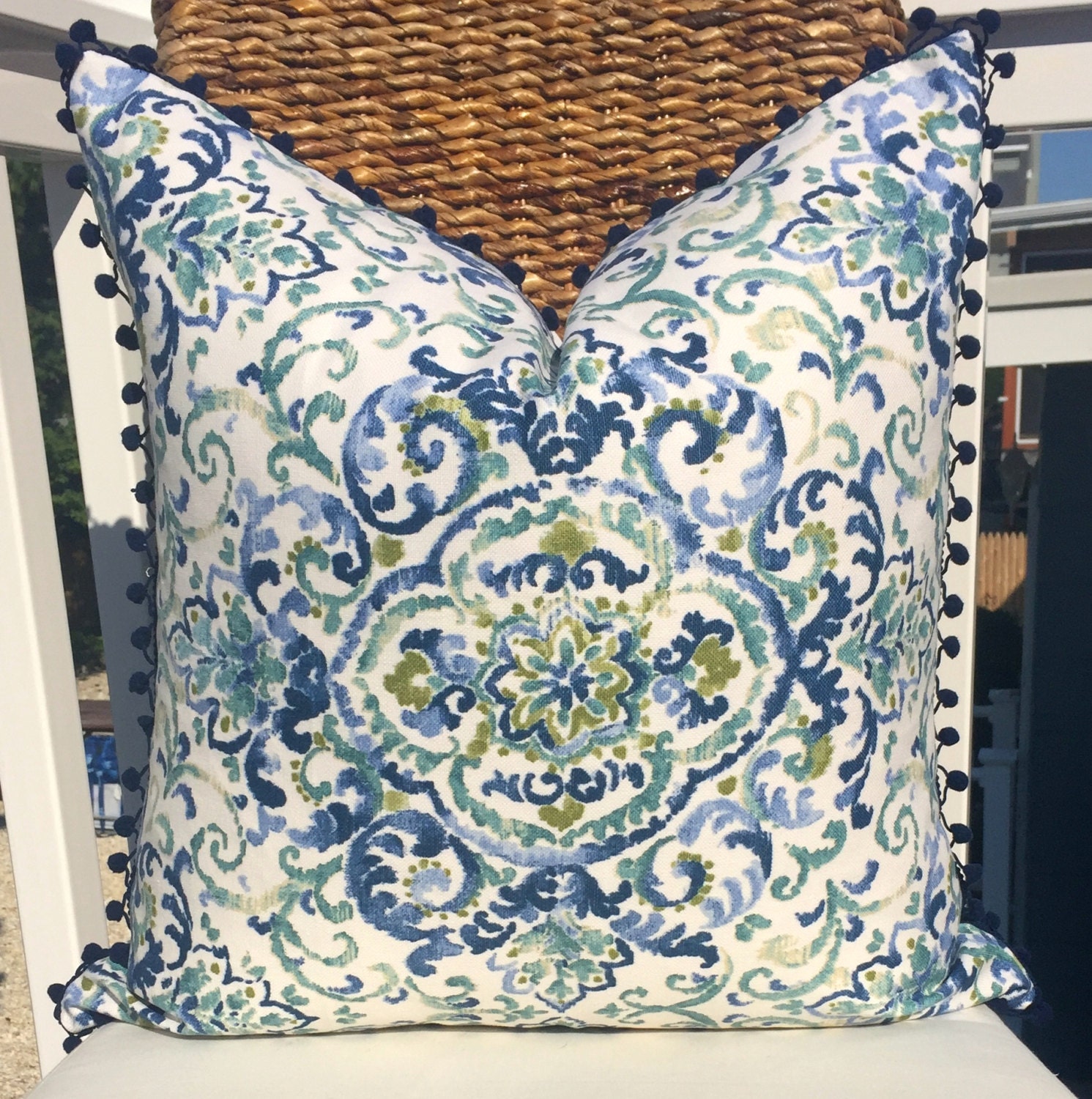Medallion Cotton Pillow Cover in Blue/Aqua/Green with Navy