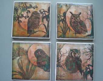 Owls Ceramic Tile Coasters - Set of 4