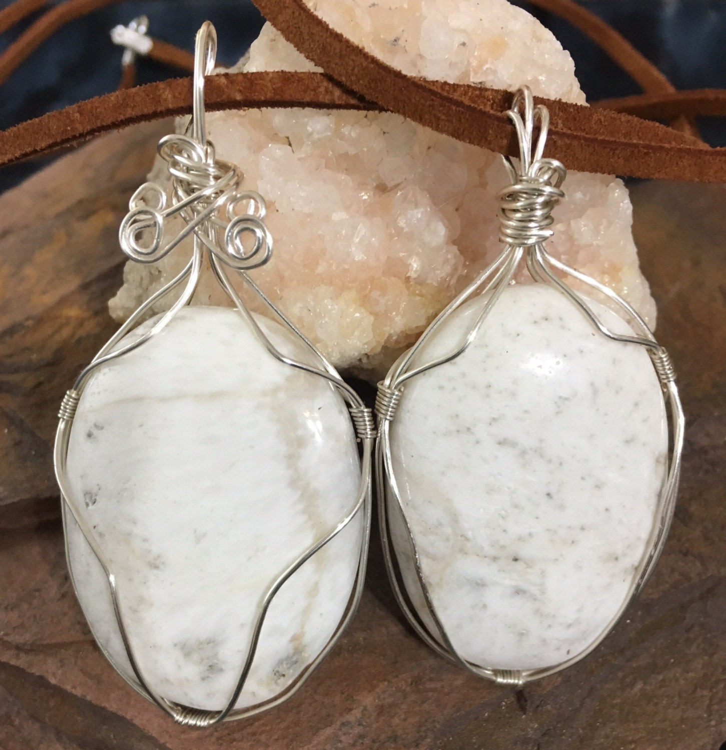 White Scolecite Necklace Bohemian Wire Wrapped Scolecite