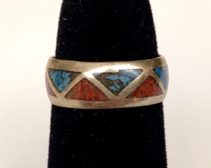 Storewide 25% Off SALE Vintage Sterling Silver Coral and Turquoise Inlaid Designer Cocktail Ring Featuring Alternating Geometric Pattern Des