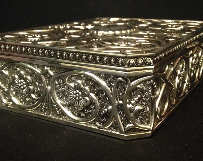 Storewide 25% Off SALE Vintage Ornate Silver Plate Floral Embossed Godinger Jewelry Box Featuring Rich Red Velvet Lining With Elegant Design