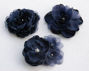 Set of 3 Bridesmaid navy fabric flower hair clips;Navy bridesmaid hair flowers;midnight navy hair clips