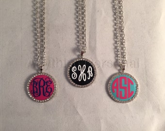 Monogrammed Rhinestone Enamel Necklace, Personalized Necklace, Enamel Necklace, Personalized Jewelry, Monogram Gift, Rhinestone Necklace
