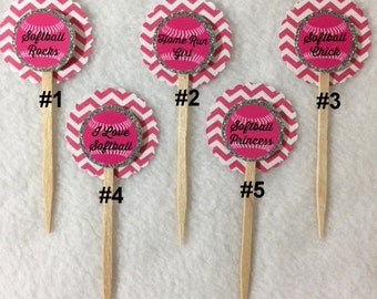 Set Of 12 Personalized Softball Cupcake Toppers (Your Choice of Any 12)