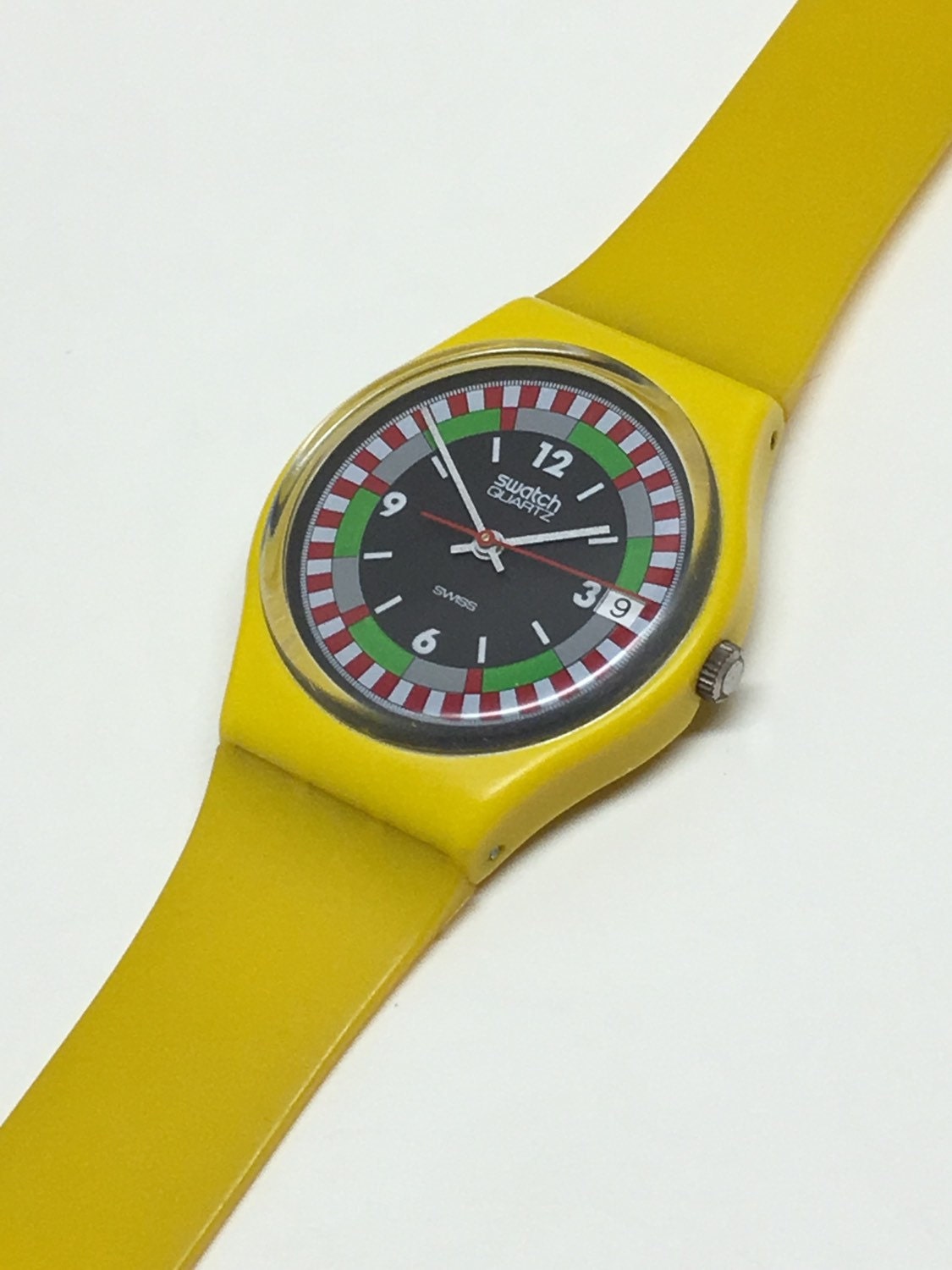 Vintage Swatch Watch Yellow Racer GJ400 1984 Rare Plastic Case