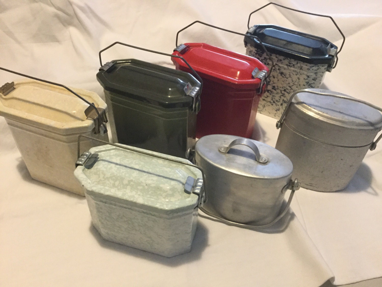 A Selection of Vintage French Enamelled Lunch Pails